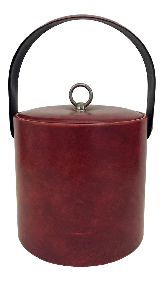 1960s George Briard Faux Leather Ice Bucket: The party is not over for this mid century classic. Vintage ox blood colored vinyl ice bucket by George Briard with matching handle. Bucket height without handle and metal lid ring is 7 inches. Both s