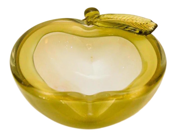 Murano Glass Yellow Apple Form Dish: This stylish Murano Glass dish in the form of a halved apple will make a wonderful piece for your barware collection or perhaps as a catch-all of keys, rings, etc.. Condition: Alterations: Original