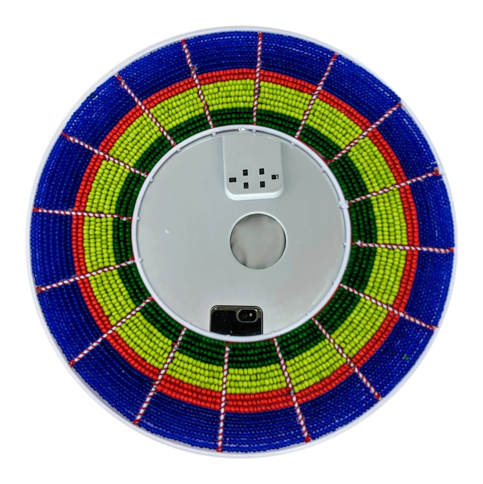 African Boho Bohemian Beaded Wall Mirror - Hand Beaded and Handmade in Blue, Red, Lime Green and Eme: Made from metal and seed beads, this mirror is a simple, but true work of art. In a multicolored circular pattern, the best part is your purchase helps to support a great cause. This beaded mirror is