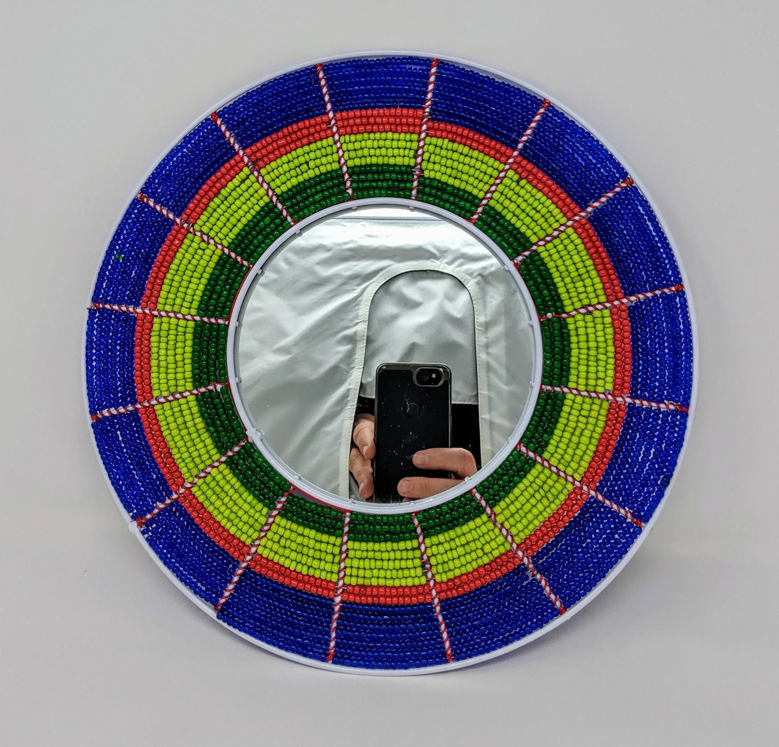 African Boho Bohemian Beaded Wall Mirror - Hand Beaded and Handmade in Blue, Red, Lime Green and Eme - 2