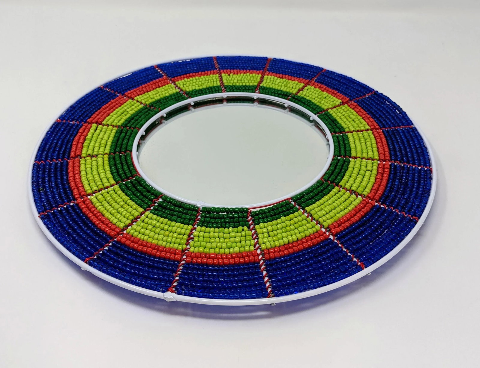 African Boho Bohemian Beaded Wall Mirror - Hand Beaded and Handmade in Blue, Red, Lime Green and Eme - 5