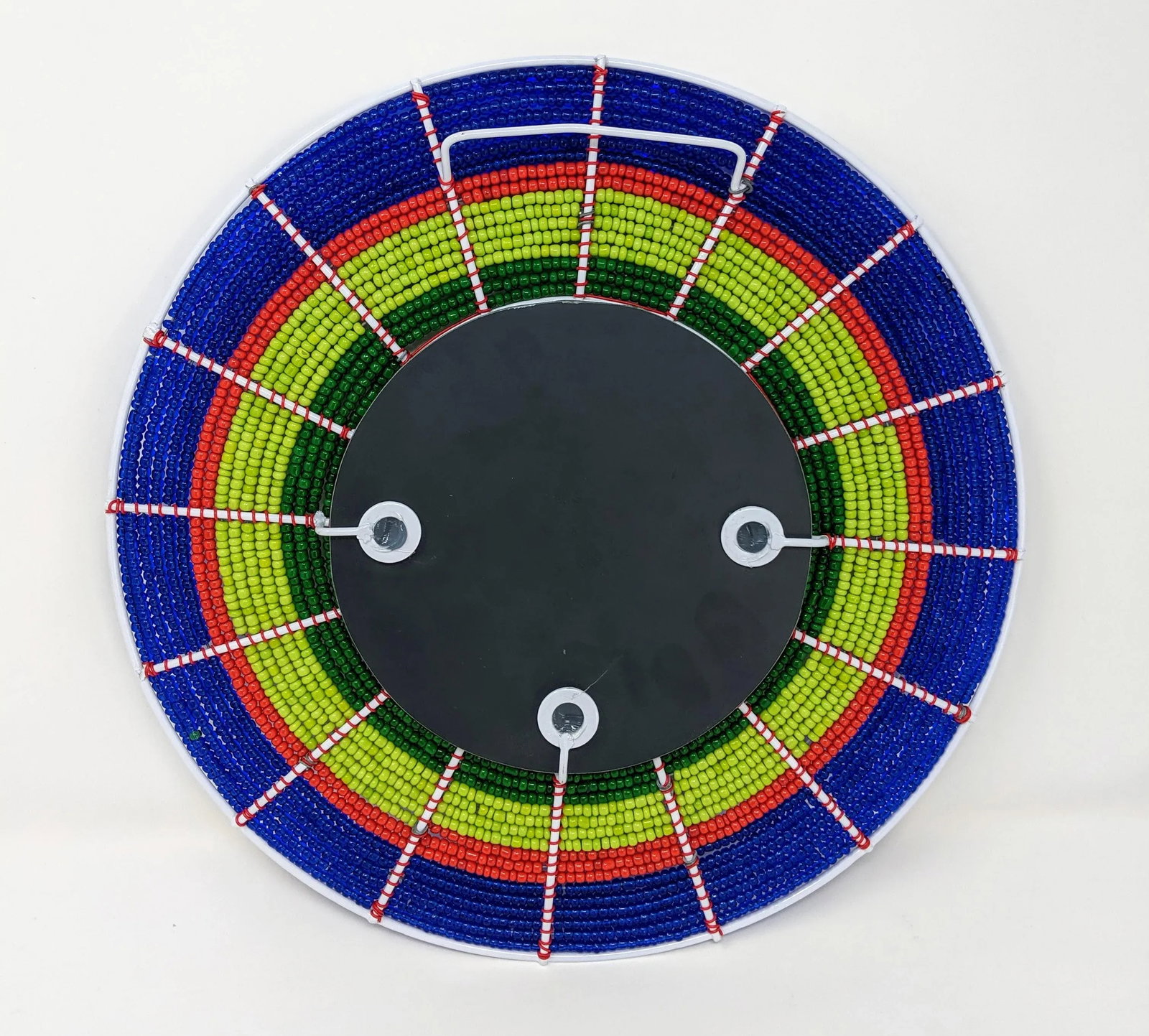 African Boho Bohemian Beaded Wall Mirror - Hand Beaded and Handmade in Blue, Red, Lime Green and Eme - 6
