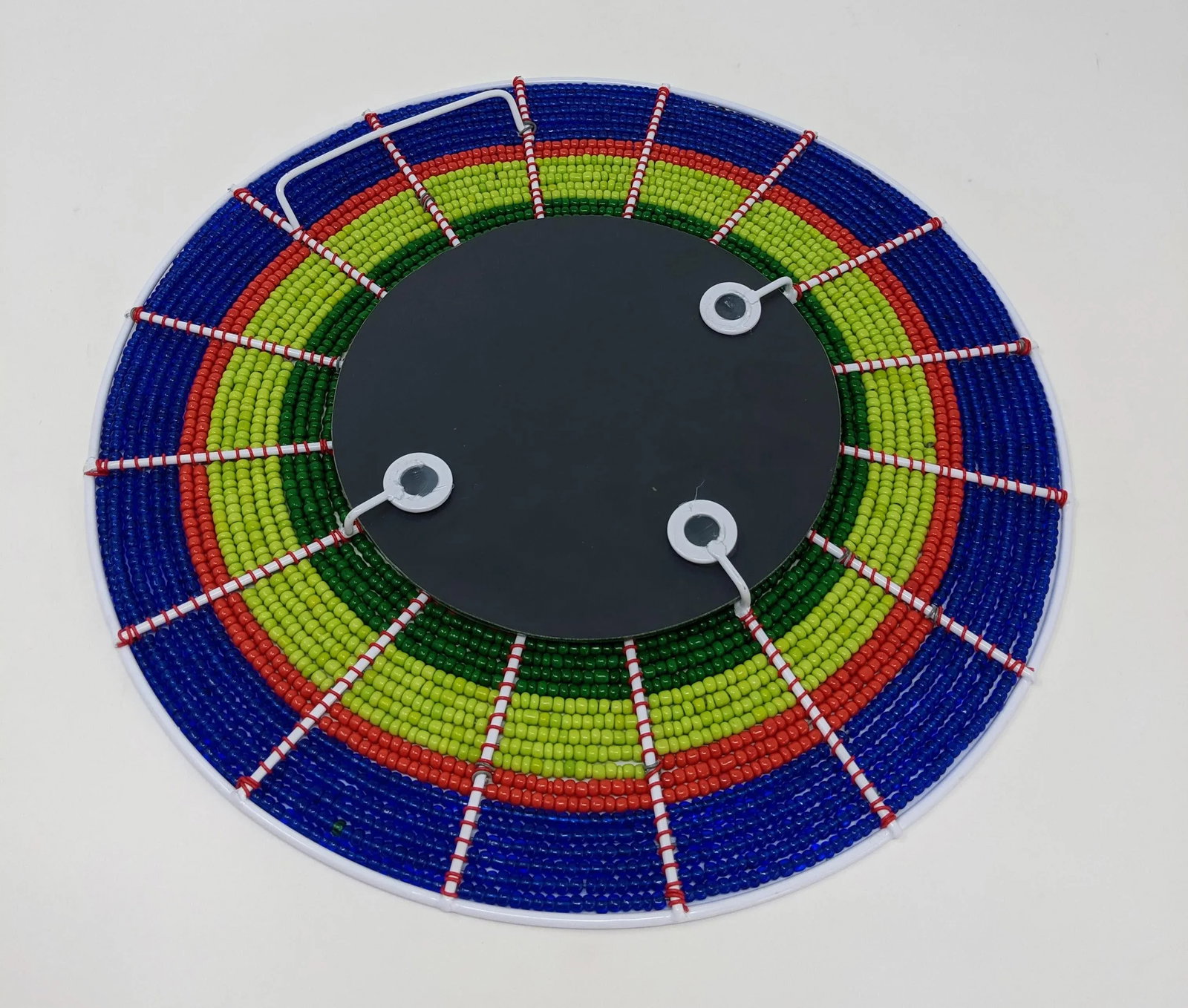 African Boho Bohemian Beaded Wall Mirror - Hand Beaded and Handmade in Blue, Red, Lime Green and Eme - 7
