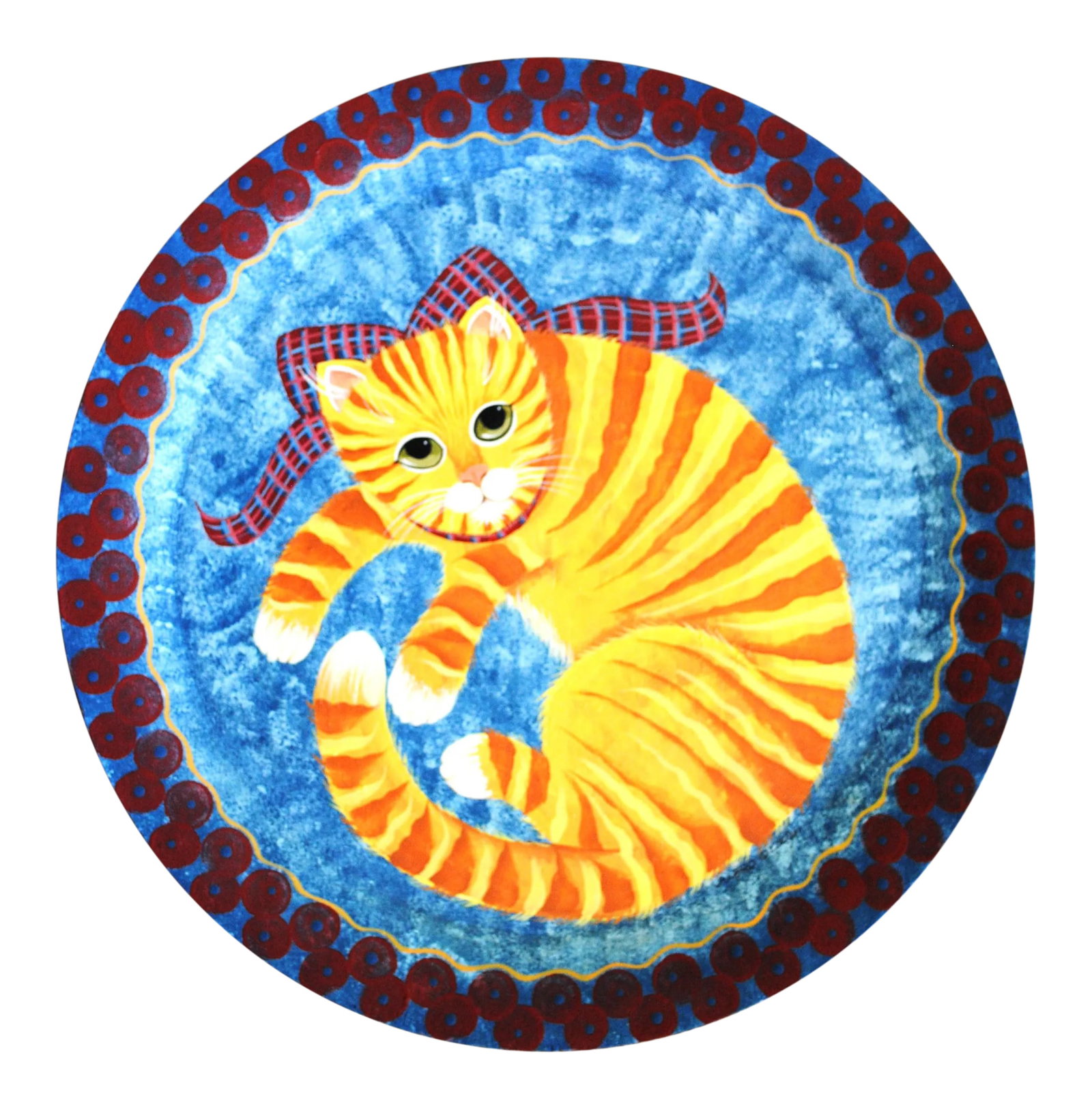 Nancy Albro Folk Art Americana Orange Cat Painted Wood Tray: Original Acrylic Painted wood tray by Folk Artist, Nancy Albro. Orange Tabby Cat curled up in the middle of the tray. Reverse background is painted the same as the front edge and has a crow in the mid