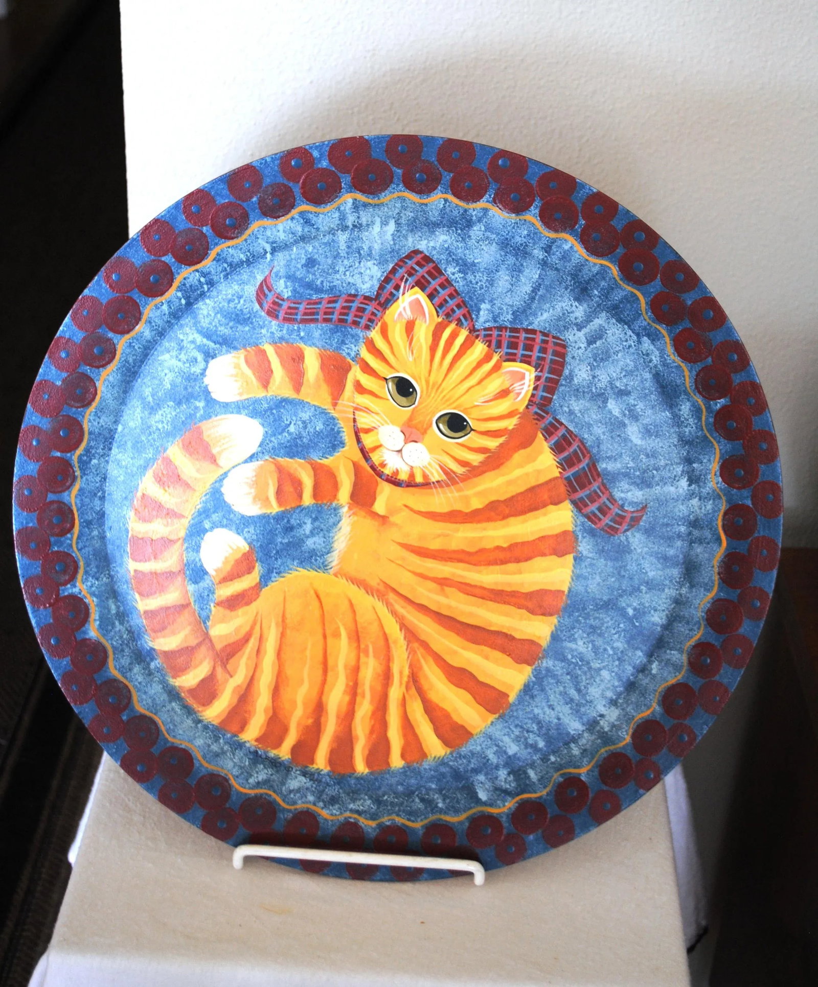 Nancy Albro Folk Art Americana Orange Cat Painted Wood Tray - 4