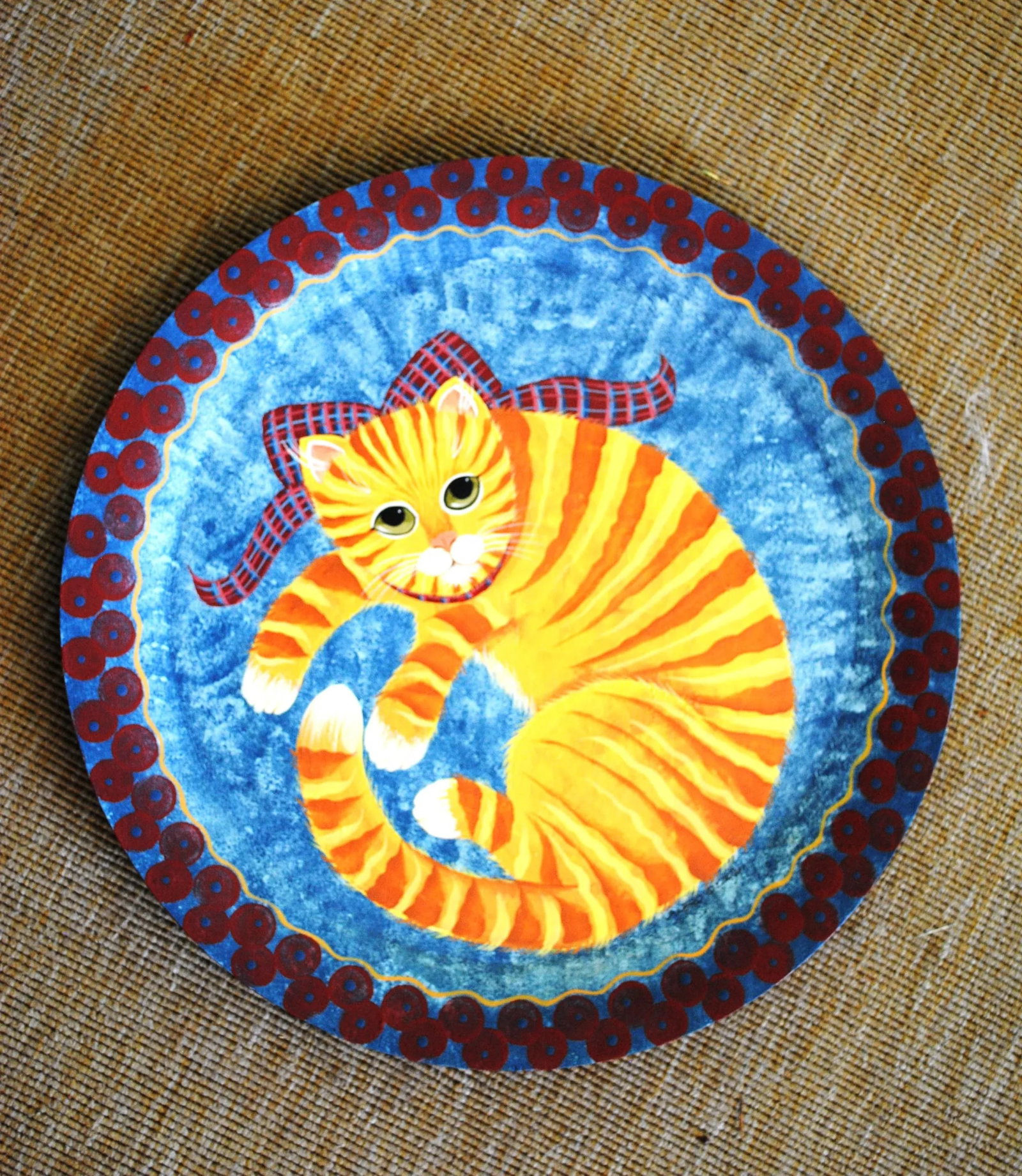 Nancy Albro Folk Art Americana Orange Cat Painted Wood Tray - 5