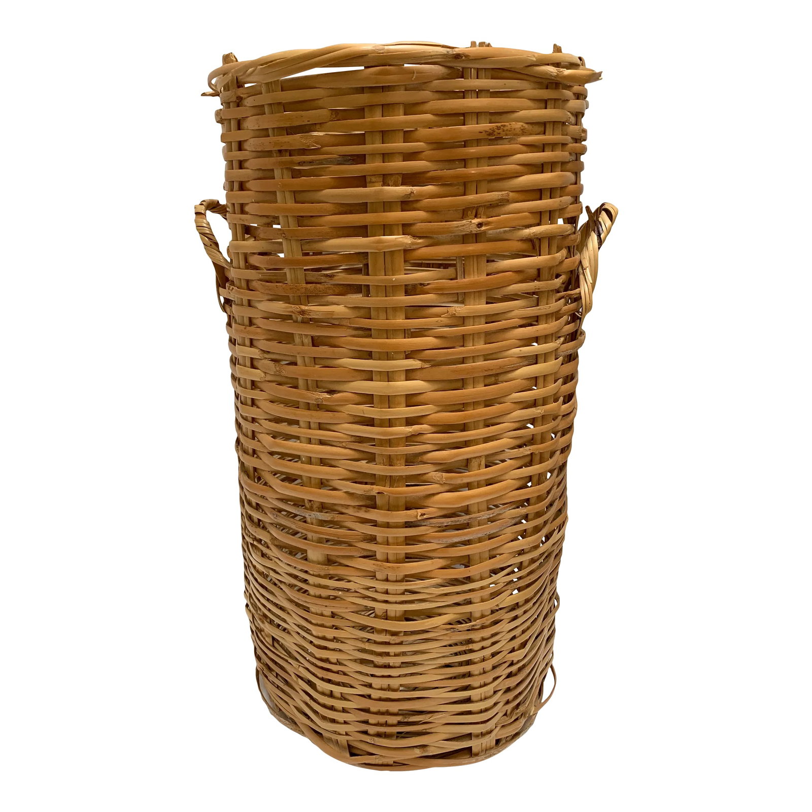 Tall Tan Rustic Vintage Basket: Earthy rustic decor and storage basket. Tall woven natural wood vessel with side handles. Great as a wastebasket or a plant vessel. Condition: Alterations: Original Condition Unaltered Imperfections: