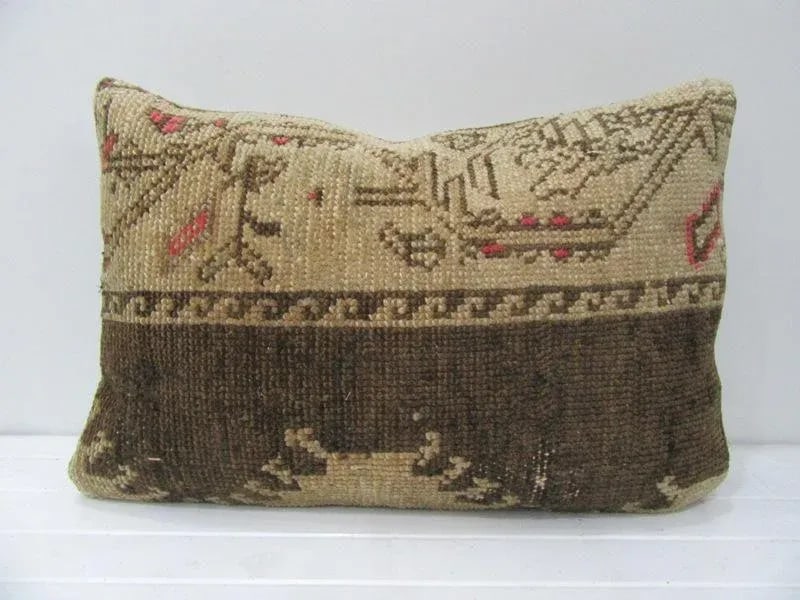 Turkish Handmade Beige & Brown Pillow - 24''W * 16''H - 4