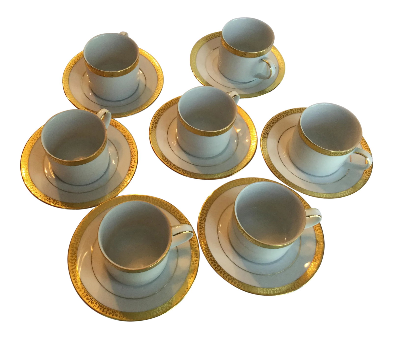 Vintage Royal Tettau Porcelain Espresso Cups & Saucers - Service for 7: Timeless gold trimmed white china coffee set for any table, occasion or setting.; This set of 7 European style flat coffee cups and saucers were made in Sri Lanka exclusively for Federated Department 