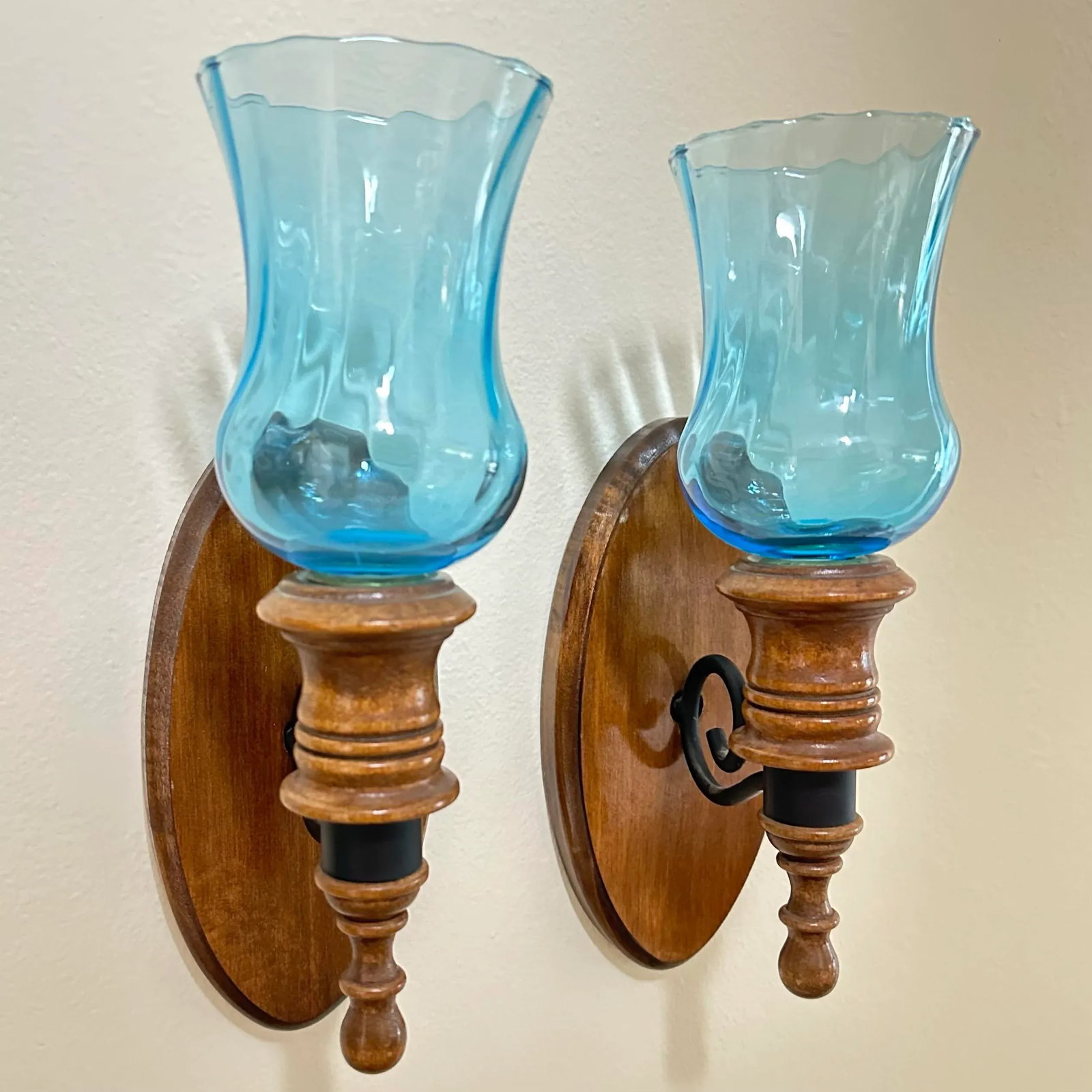 Vintage 1970s Wood & Blue Glass Candle Holder Wall Sconce Set of 2 - 10