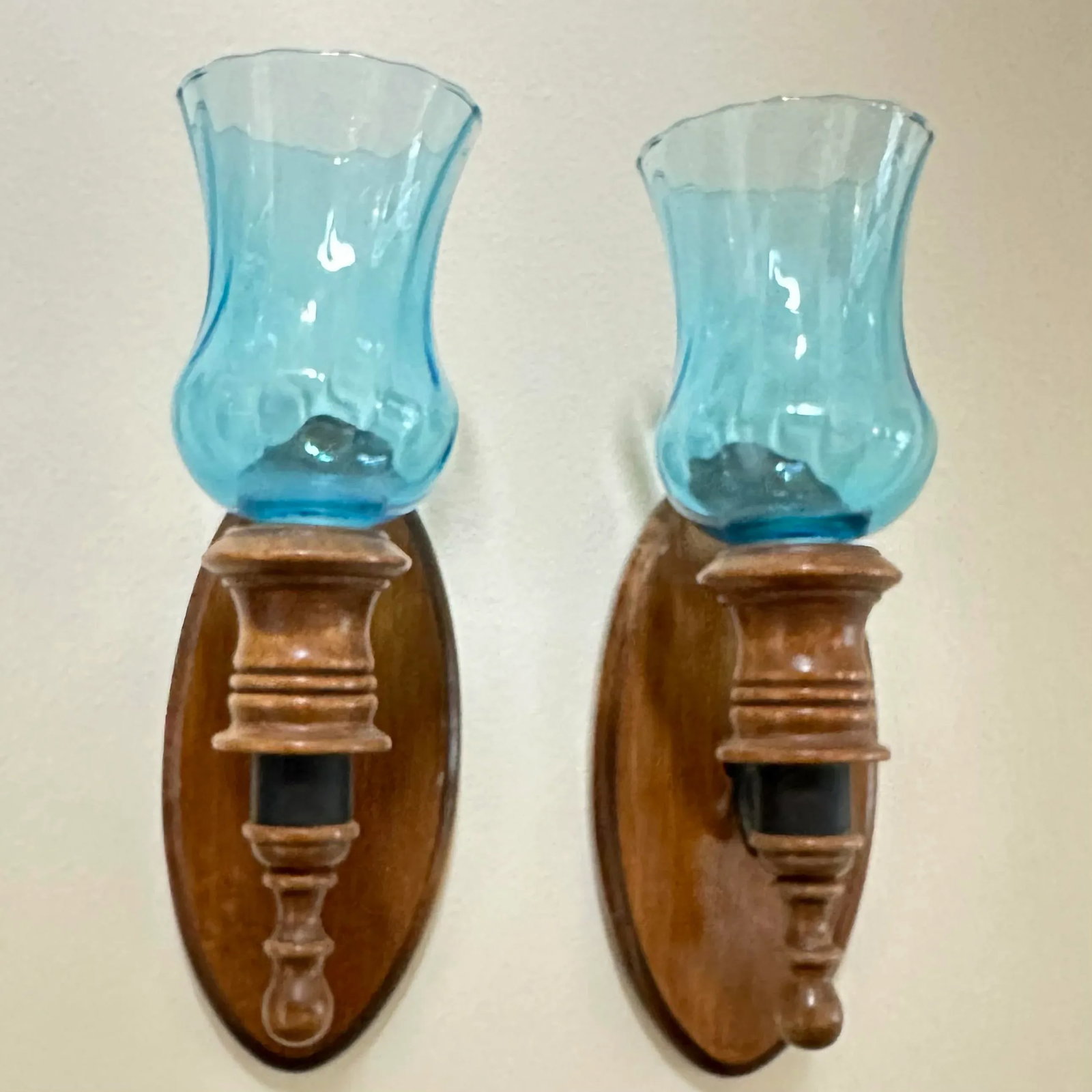 Vintage 1970s Wood & Blue Glass Candle Holder Wall Sconce Set of 2 - 11