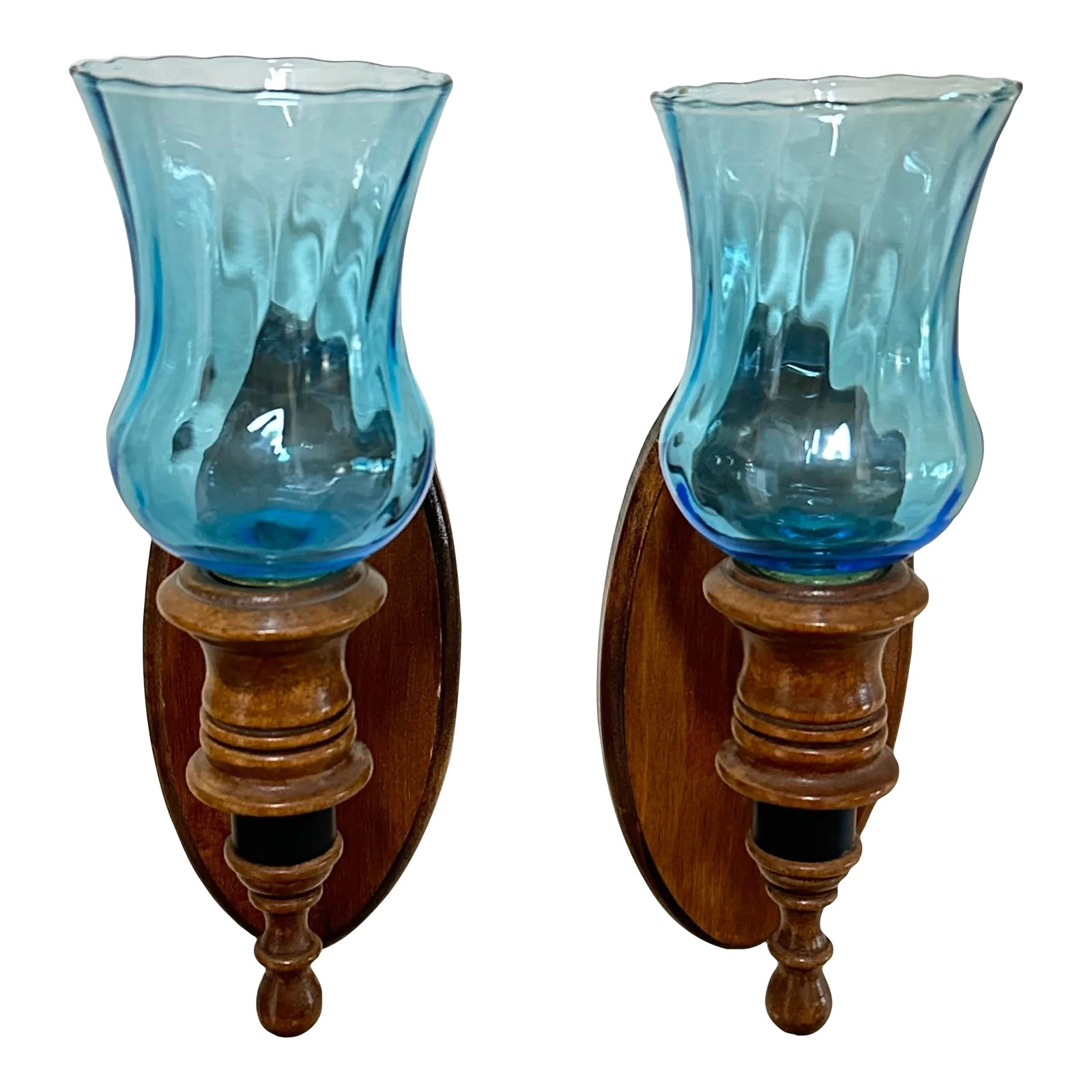 Vintage 1970s Wood & Blue Glass Candle Holder Wall Sconce Set of 2: Wood wall sconce set with blue glass globes. Vintage from the 1970s. 4" wide x 5" deep x 9 1/2" tall. Set of 2. Condition: Alterations: Original Condition Unaltered Imperfections: Some Imperfections C