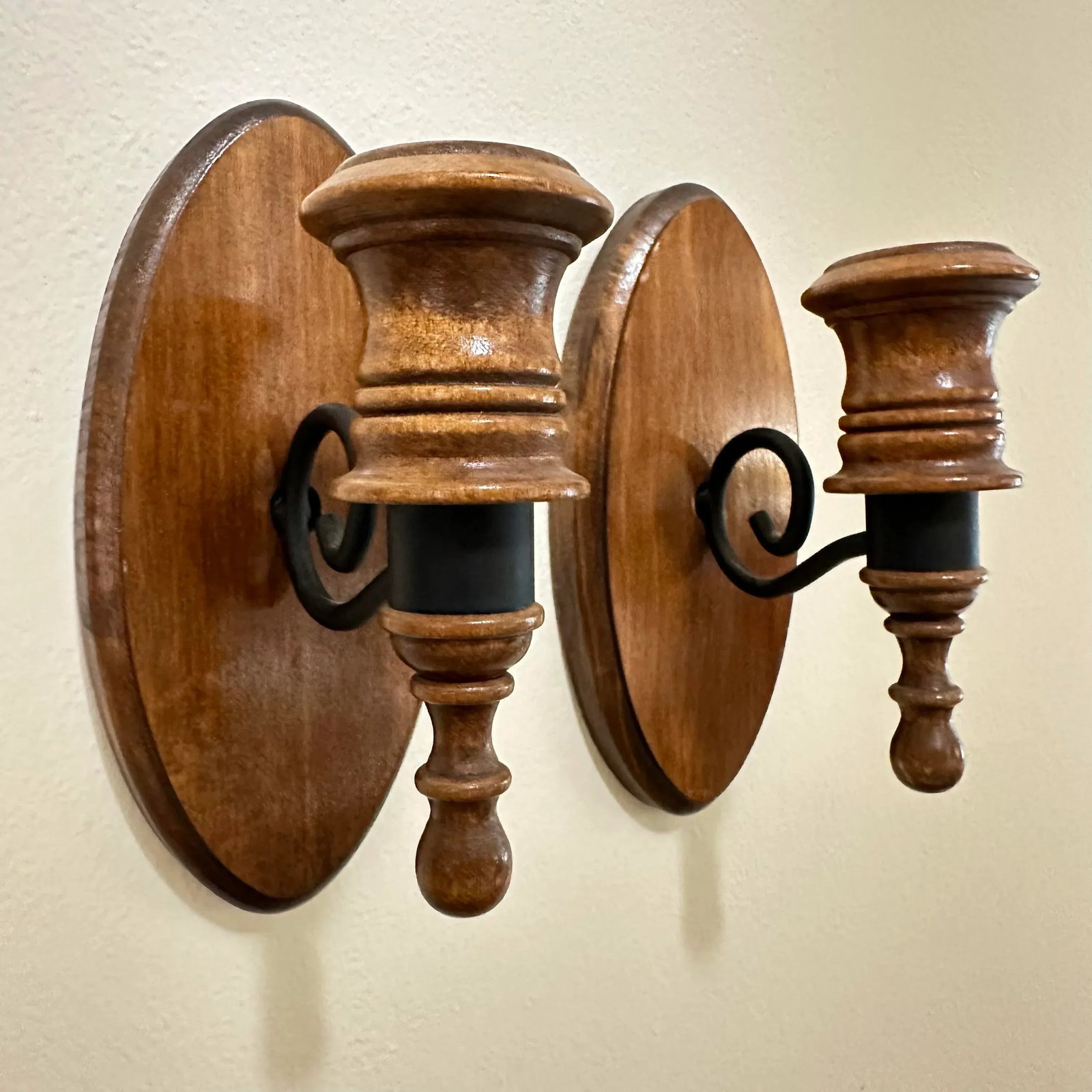 Vintage 1970s Wood & Blue Glass Candle Holder Wall Sconce Set of 2 - 2