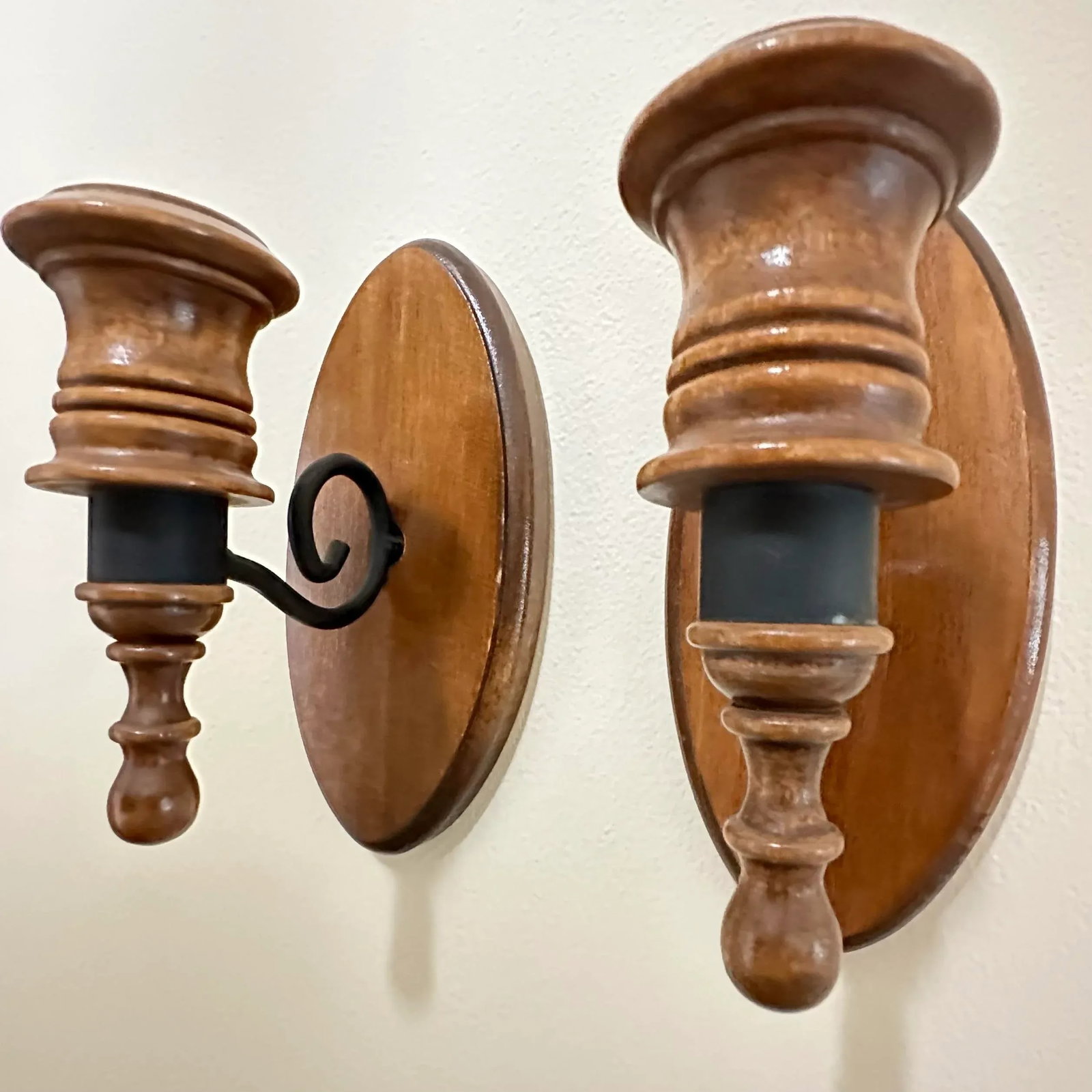 Vintage 1970s Wood & Blue Glass Candle Holder Wall Sconce Set of 2 - 3
