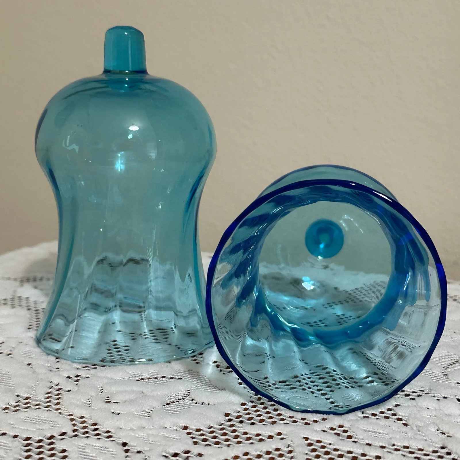 Vintage 1970s Wood & Blue Glass Candle Holder Wall Sconce Set of 2 - 4