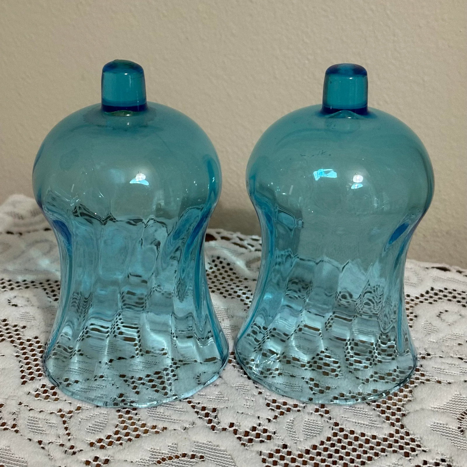 Vintage 1970s Wood & Blue Glass Candle Holder Wall Sconce Set of 2 - 5