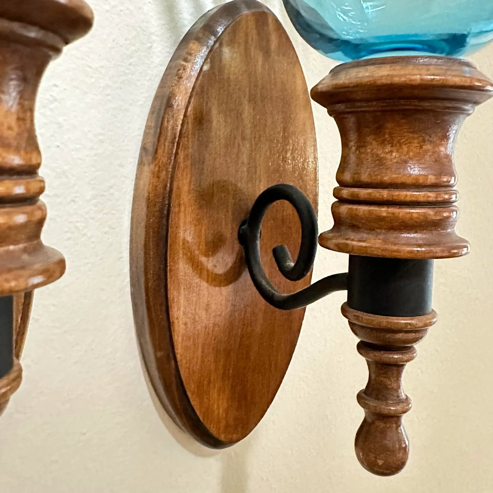 Vintage 1970s Wood & Blue Glass Candle Holder Wall Sconce Set of 2 - 6