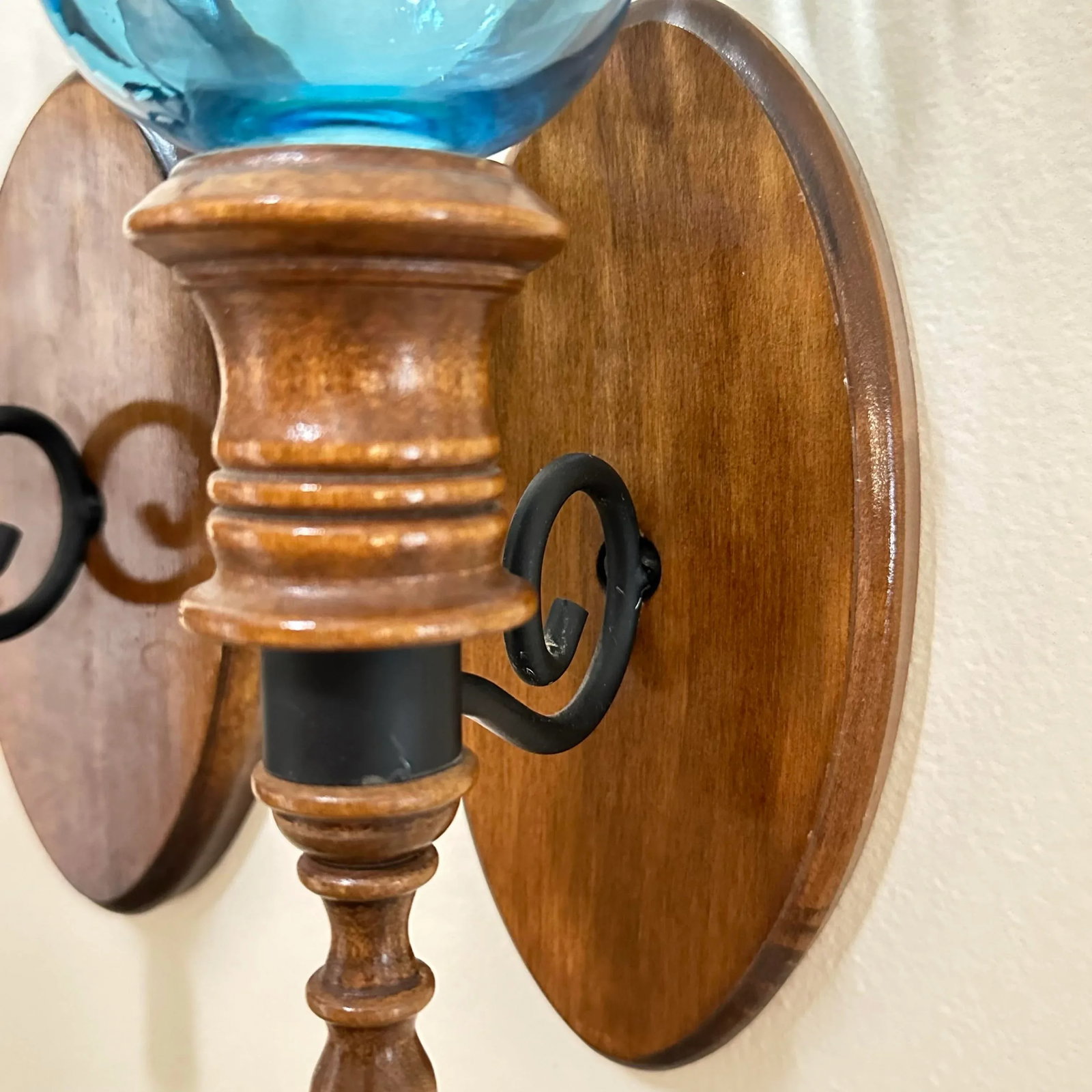 Vintage 1970s Wood & Blue Glass Candle Holder Wall Sconce Set of 2 - 7