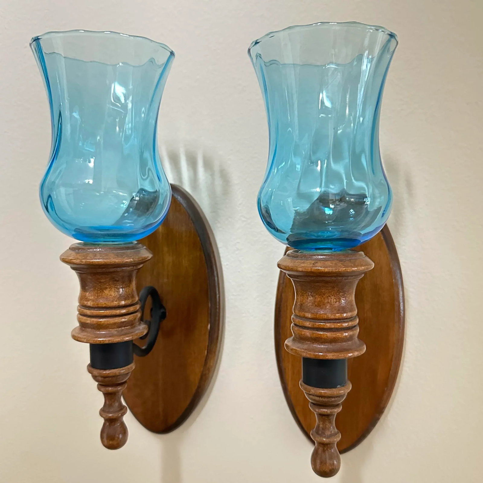 Vintage 1970s Wood & Blue Glass Candle Holder Wall Sconce Set of 2 - 8