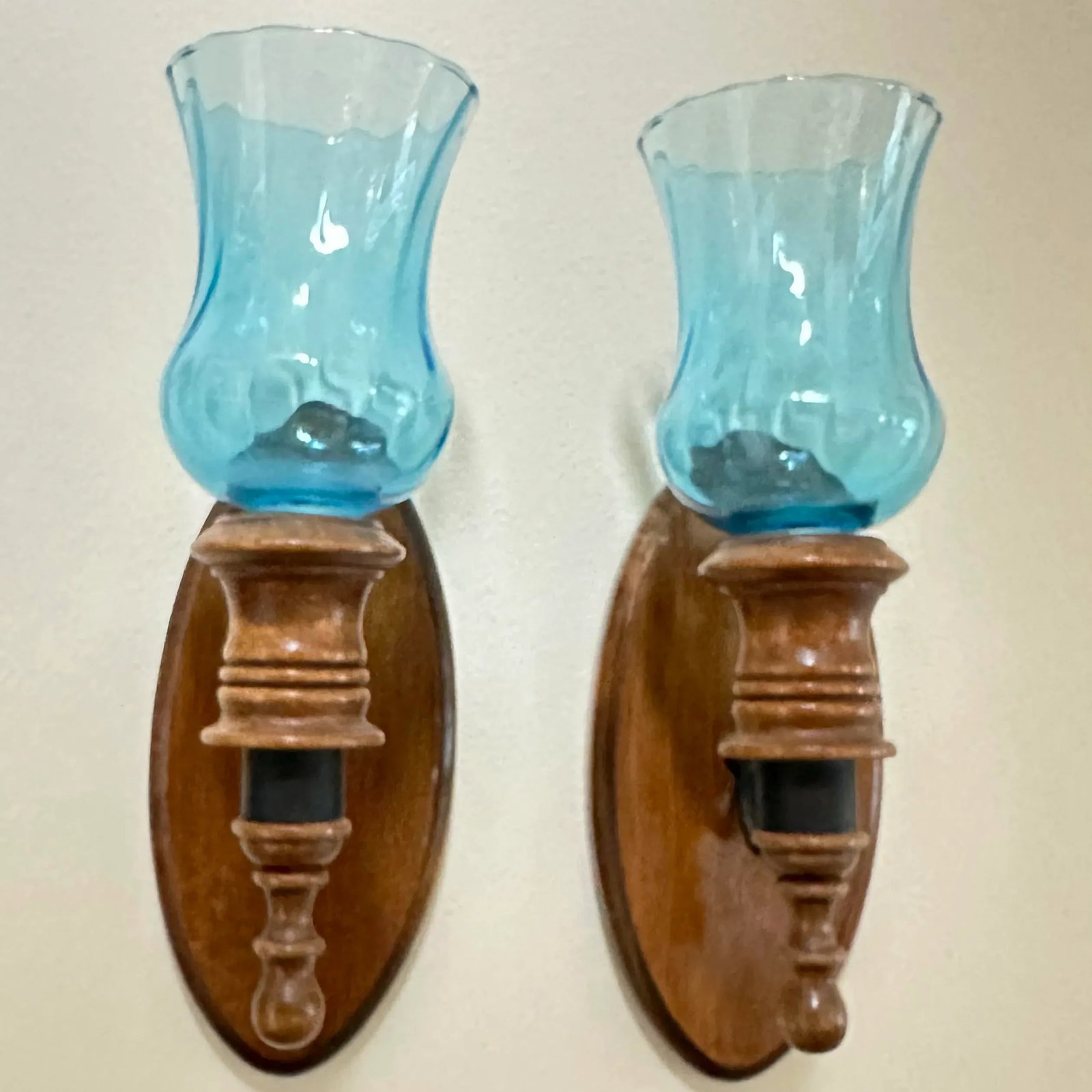 Vintage 1970s Wood & Blue Glass Candle Holder Wall Sconce Set of 2 - 9