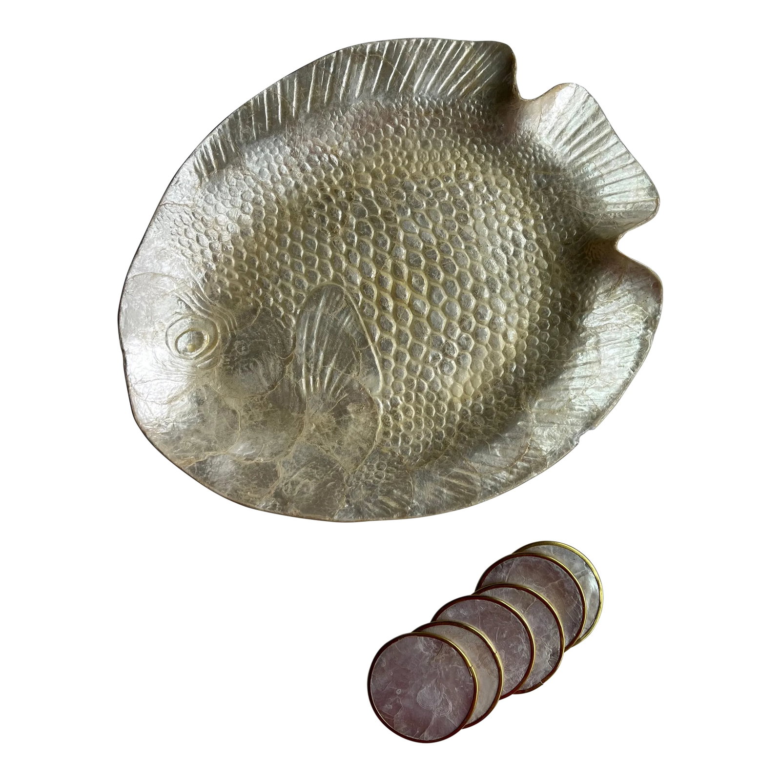 Capiz Shell Fish Shaped Platter and 6 Coasters (1 of 7)