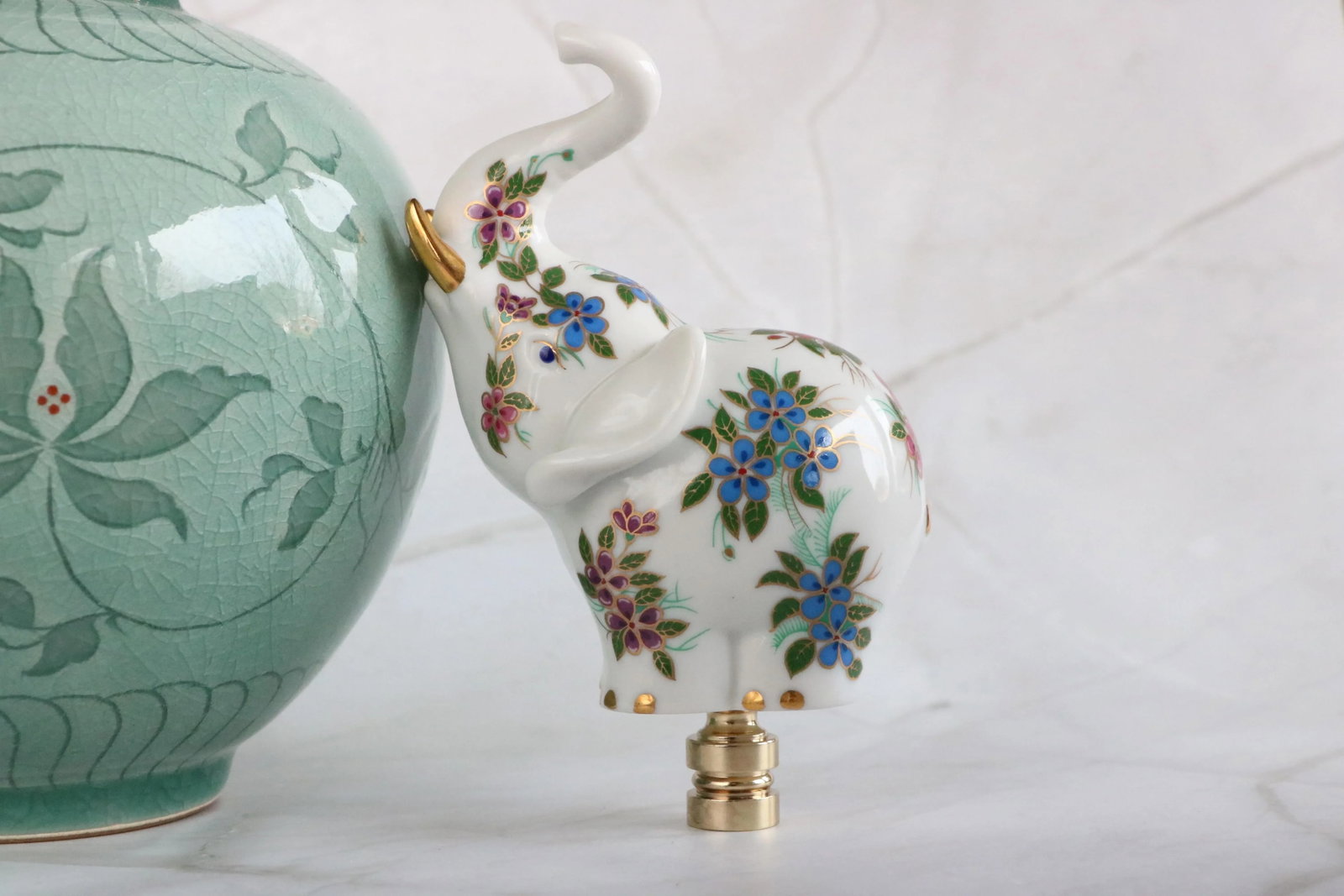 Floral Porcelain Elephant Lamp Finial - 6