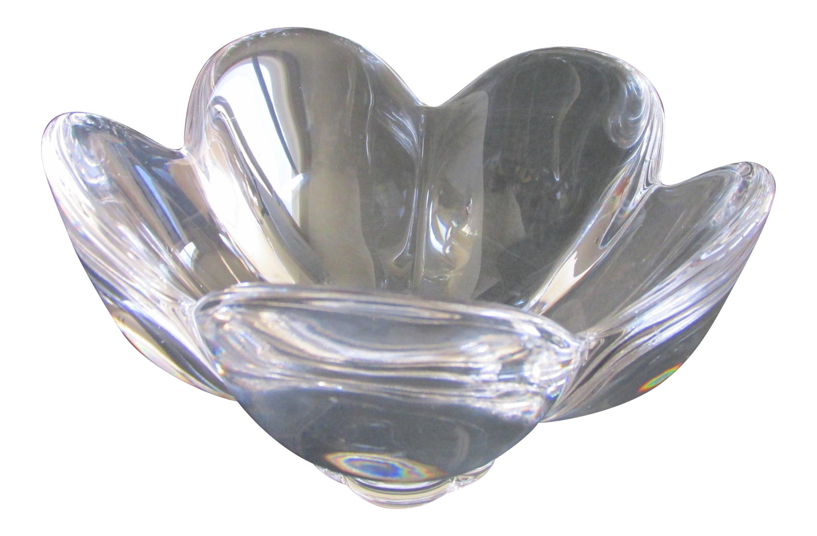 Orrefors Crystal Petal Bowl: Unused Orrefors crystal petal bowl. Heavy five petal design is great as a candy bowl or other decorative table top use. Condition: Imperfections: No Imperfections Condition Notes: As new condition.