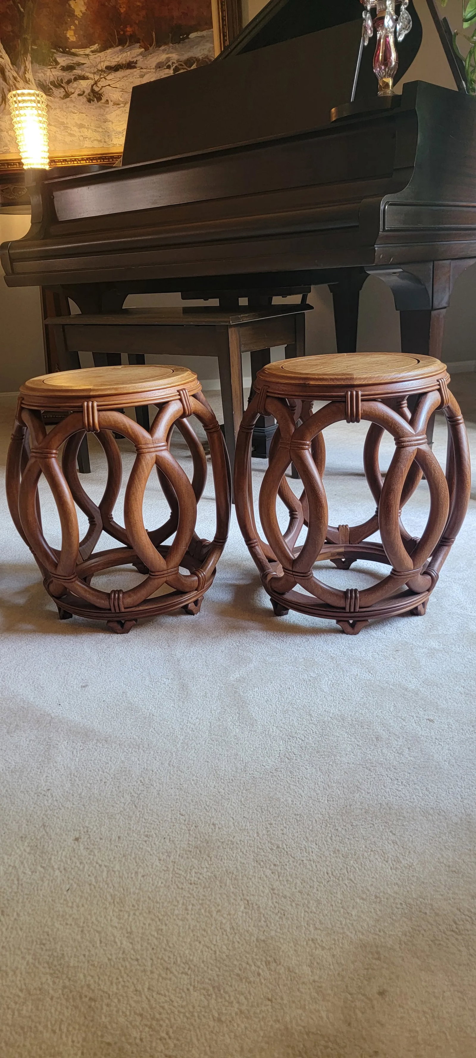 Pair of 1970s Carved Bamboo Styled Chinese Garden Stools or Side Tables - 2