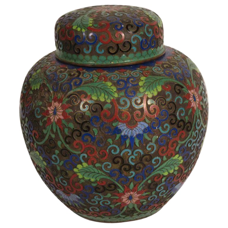 1910 Cloisonne Jar With Lid: 1910 cloisonne jar with lid. One dent in vase area. Condition: Alterations: Original Condition Unaltered Imperfections: Some Imperfections Condition Notes: Fair Materials & Techniques: Cloisonne