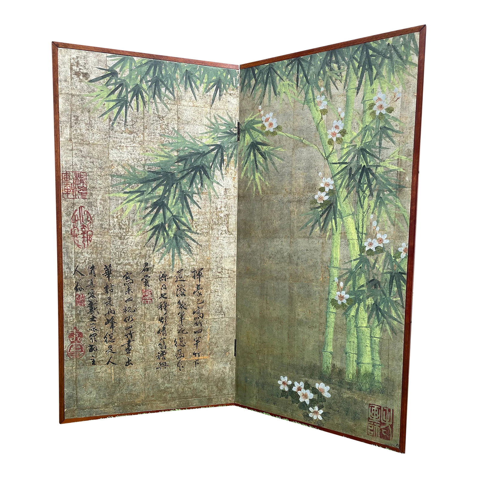 Mid 20th Century Chinese Inspired "Bamboo Scene With Poem" Hand-Painted Gold Foil 2-Panel Screen: This exquisite hand-crafted 2-panel screen showcases a tranquil portrayal of bamboo branches accompanied by a heartfelt ode to the artistry of painting bamboo, delicately rendered on shimmering foil