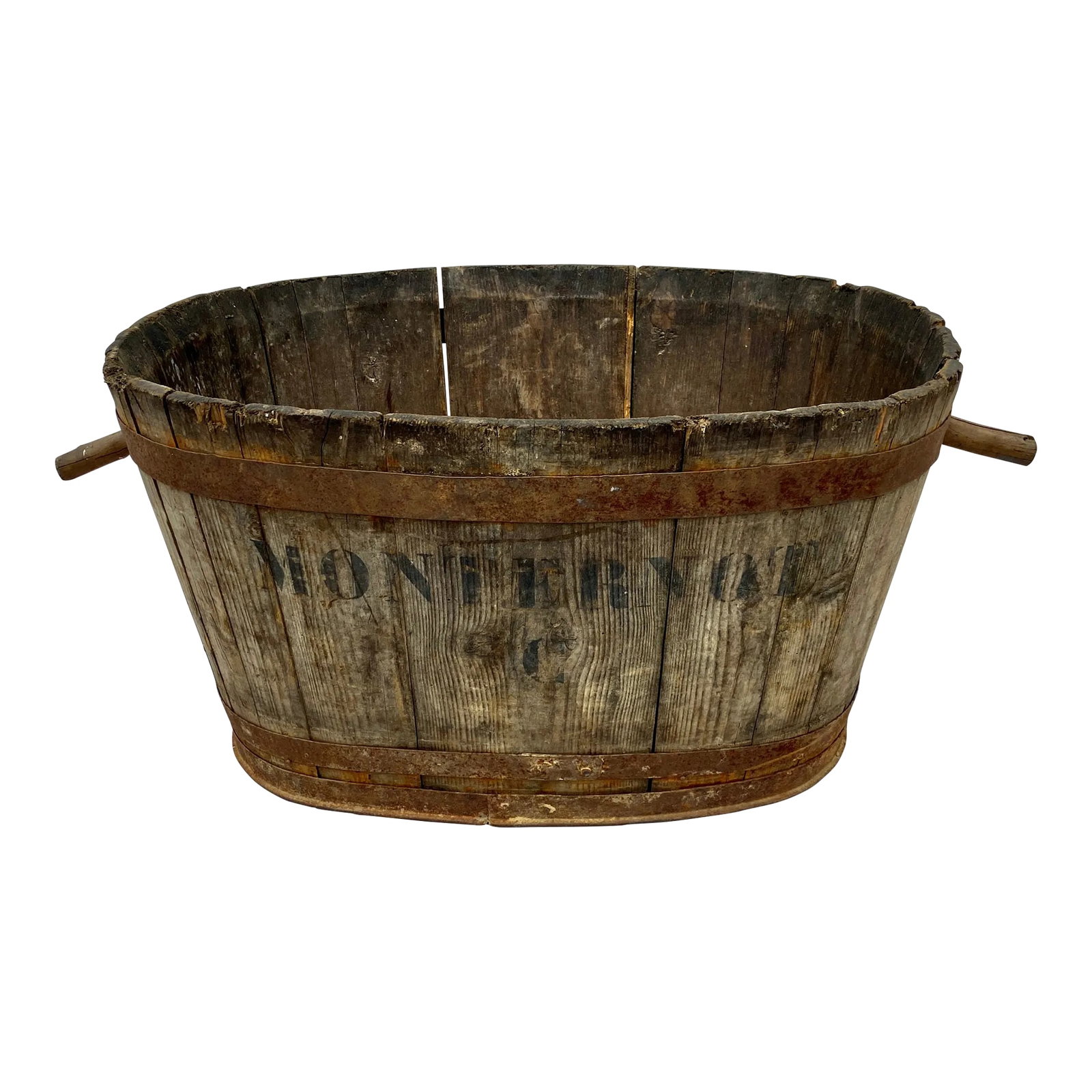 19th C French Oakwood Grape Harvest Bucket From Burgundy: Antique Oakwood large bucket or trough with iron handles and iron bands, in good condition. These oval bins from Burgundy were typically used to collect grapes. The 4.5" iron handles of the vessels