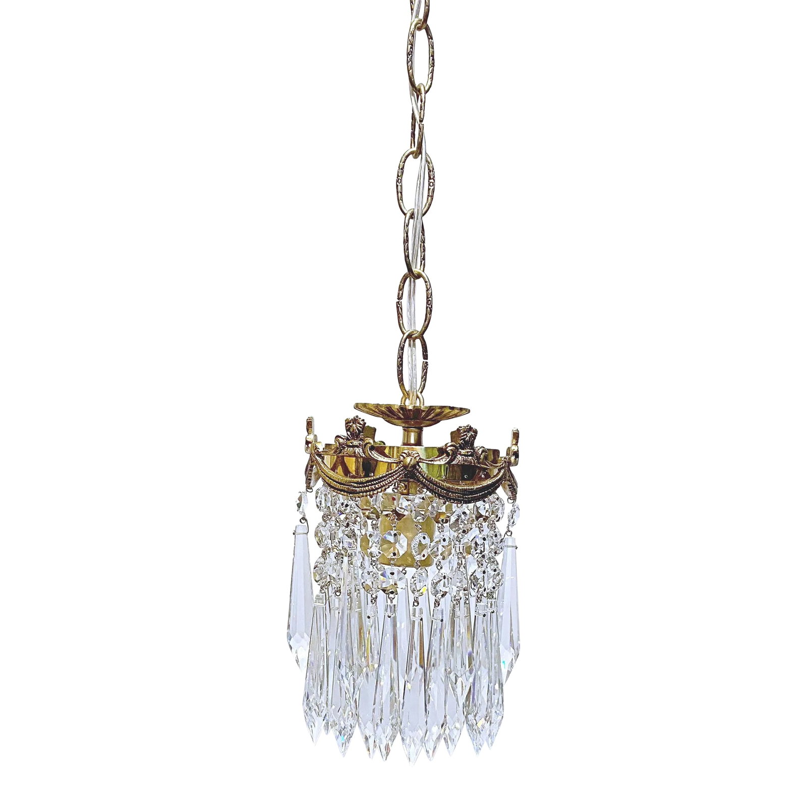 Vintage Portuguese Upside Down Layered Cake Rim Chandelier: Italian upside down layered chandelier with bronze rim and Plug shaped cut crystal drops. Restored, rewired and it has one Edison base socket that holds a maximum of 100W light bulb or equivalent LED 