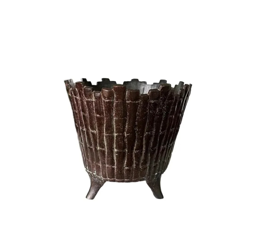 Vintage Bronze Chinoiserie Style Chinese Footed Faux Bamboo Oval Sunburst Cache Pot / Cachepot / Pla - 3