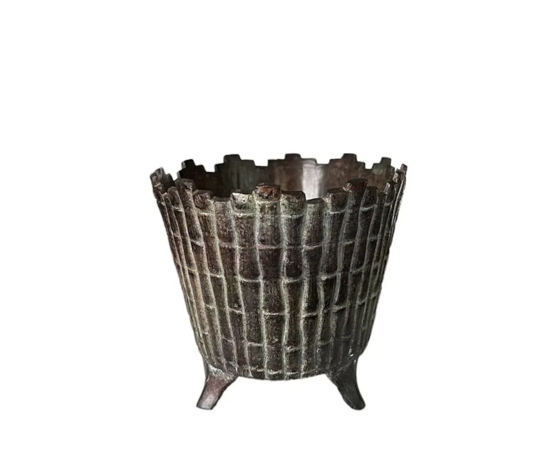 Vintage Bronze Chinoiserie Style Chinese Footed Faux Bamboo Oval Sunburst Cache Pot / Cachepot / Pla - 5