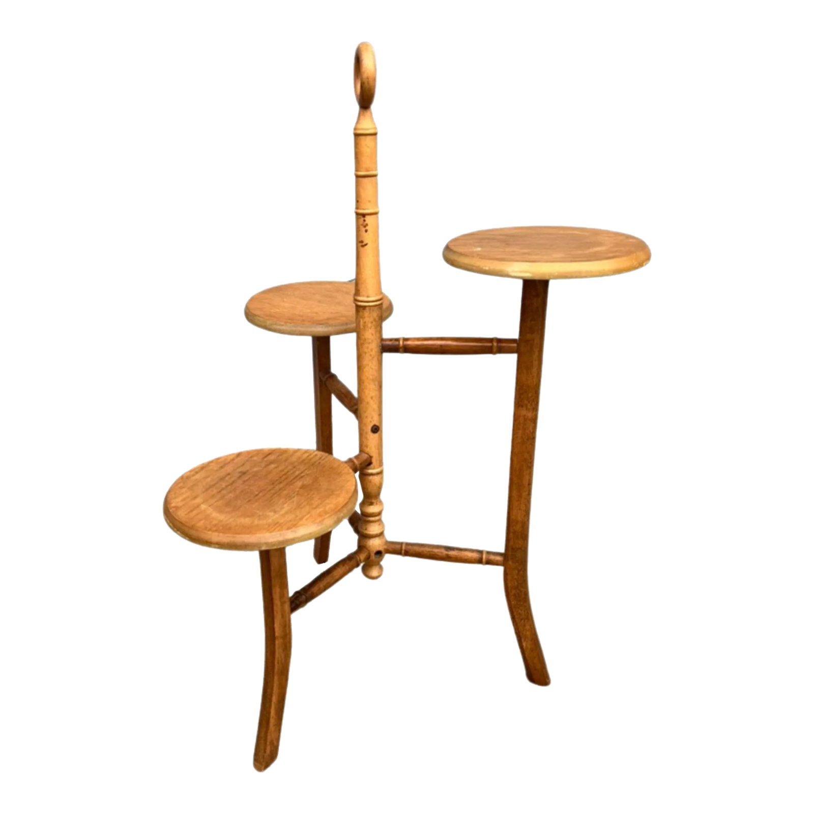 Mid-Century Bamboo Plant Stand/Side Table: Mid-Century Modern oak plant stand or side table composed of a large center pole with tripod base and graduated height, small round wood tops. Center circle hook to easily move the piece around. Turne