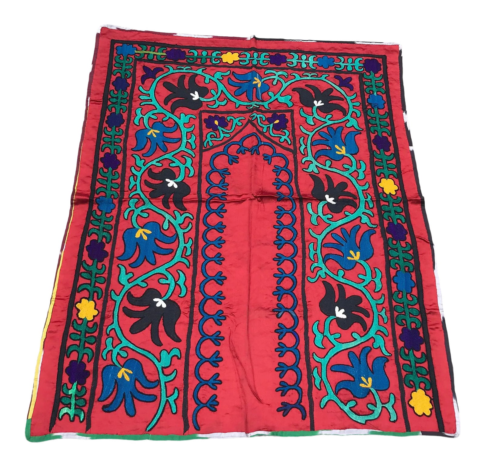 Vintage Boho Silk Tablecloth / Tapestry: Vintage SUZANI FABRIC - Handmade SILK Tapestry - Vintage Boho Wall Decor 4 FT x 2.6 FT ( 124 CM x 80 CM ) Multi color Original vintage CARE: Dry Cleaning Only Condition: Alterations: Original