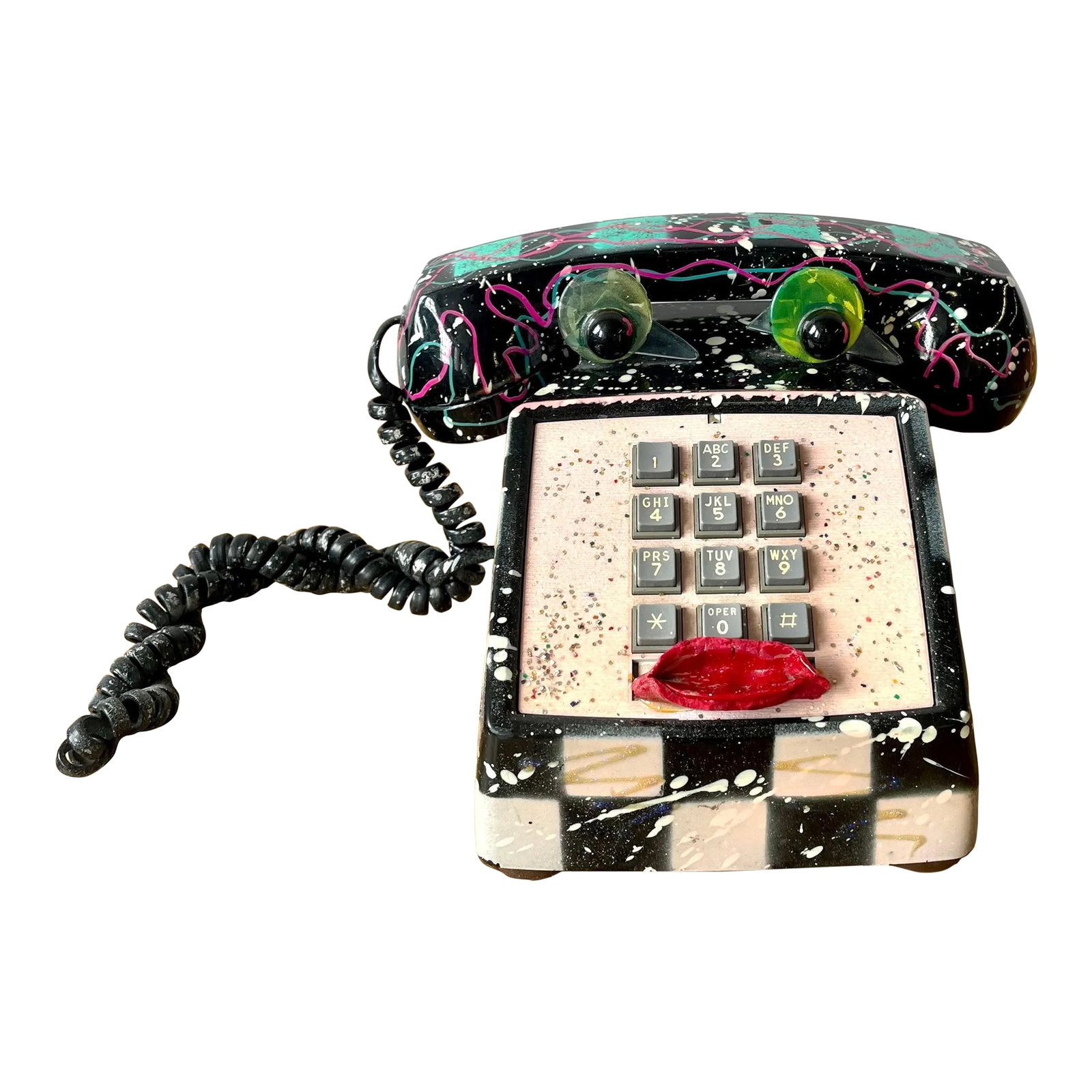 1990s Postmodern Original Signed Hollis Fingold Painted Telephone "Phoneys" Sculpture: Utterly fabulous vintage 1990 Hollis Fingold painted telephone "Phoneys" sculpture. Very rare and the mother of all statement piece, with large plastic googly eyes and puckering red lips. Signed on