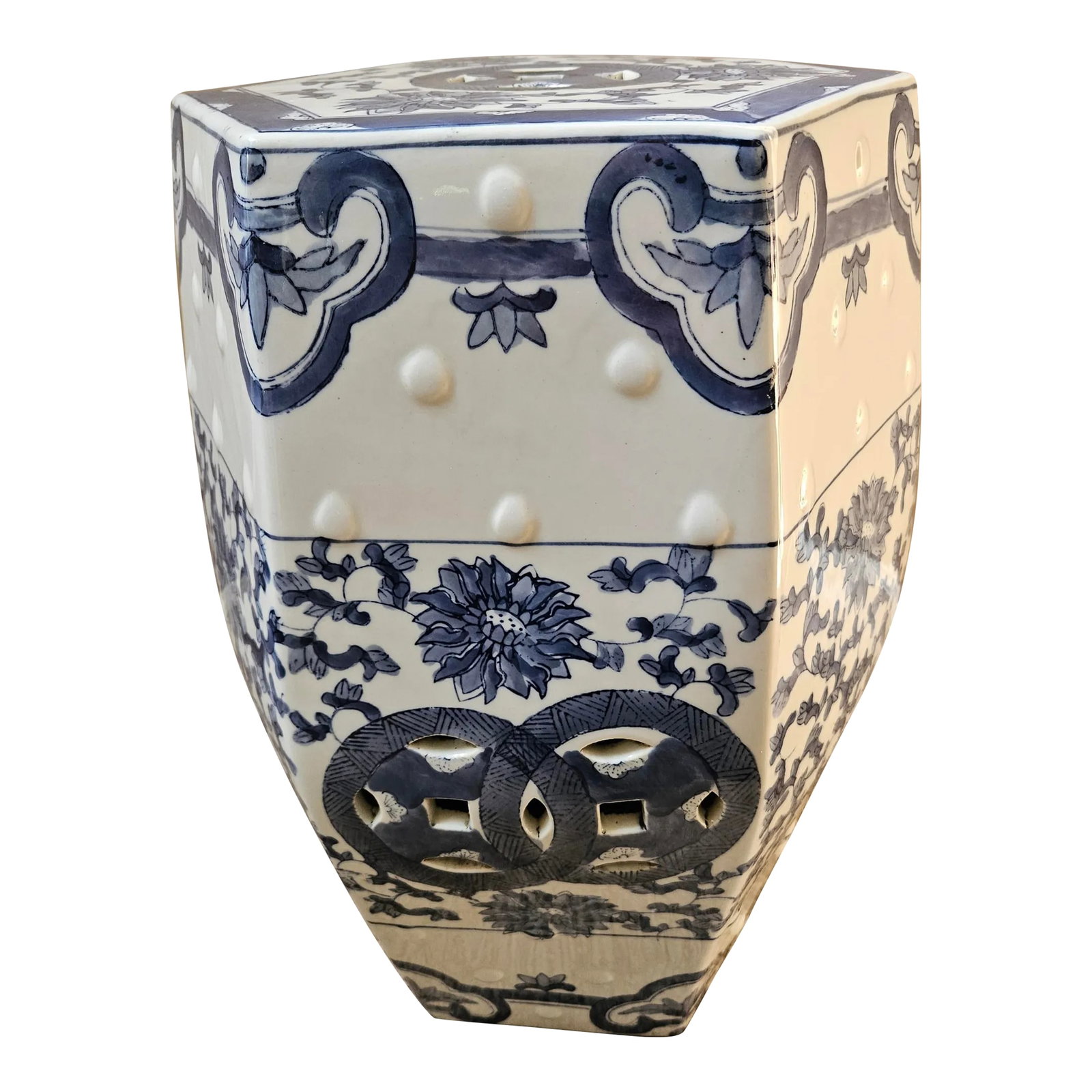 Blue & White Garden Seat: Nice hand-painted porcelain garden stool with Chinese floral motif in blue and white and decorated with pierced top and sides. No maker's mark. Condition: Alterations: Original Condition Unaltered