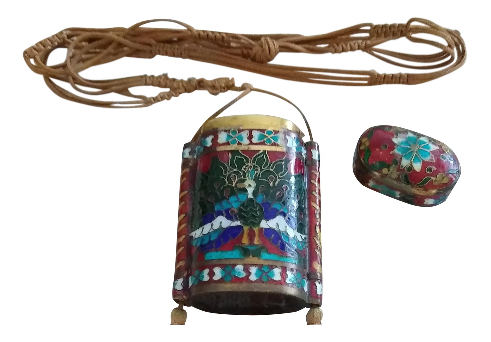 Vintage Chinese Cloissone Perfume Container Neckware: Copper container with vivid outer enamel designed in peacock and butterfly motif. Delicate silk tassels and neckpiece. Condition: Alterations: Original Condition Unaltered Imperfections: Some Imperfec