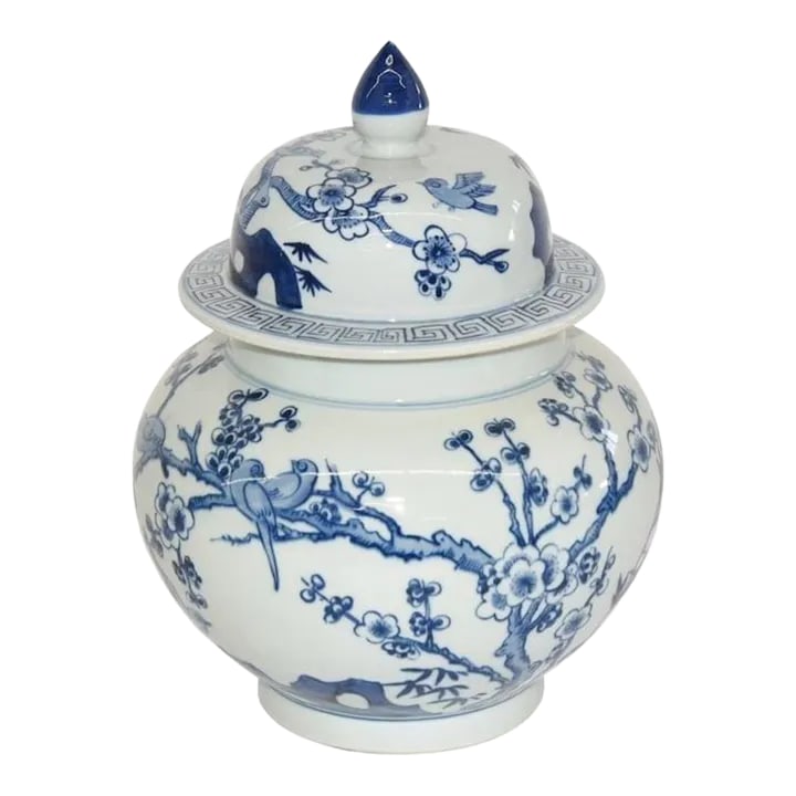 Blue and White Bird Flower Gingerjar Chinoiserie Chic: Blue and white Chinese porcelain bird temple jar. Pair these for a stunning look! Condition: Imperfections: No Imperfections Condition Notes: new Origin: China Materials & Techniques: Porcelain