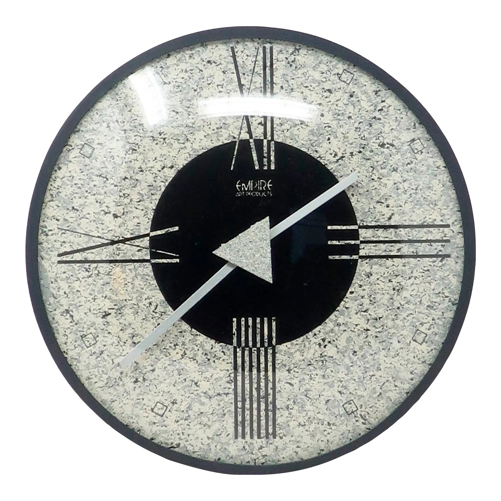 1980s Postmodern Wall Clock by Empire Arts: A vintage 1980s postmodern textured wall clock by Empire Art Products in various shades of spelled gray. In excellent vintage condition and works well. 10.5" x 10.5" x 2" Condition: Alterations: Origi