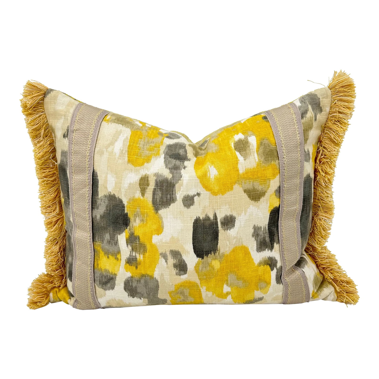 Yellow & Gray Linen Double Sided Lumbar Pillow With Fringe: Custom Made Yellow & Gray Linen Lumbar Pillow. Yellow and gray linen abstract print front with double vertical grosgrain stripes. Textured yellow and gray plaid back. Multi tonal yellow fringe on two