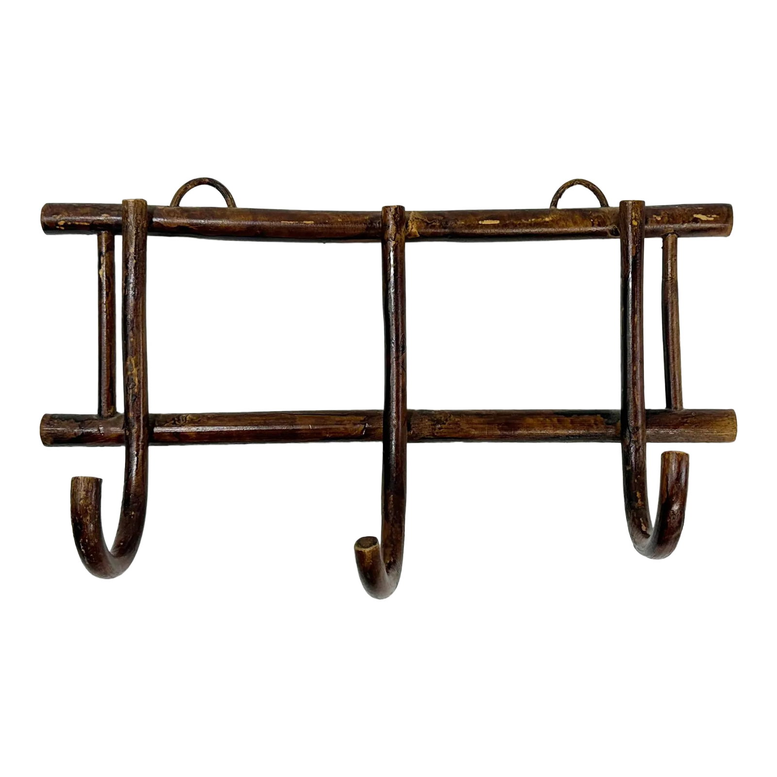 Vintage Bentwood Three Loop Wall Hook: Vintage primitive bentwood three (3) prong wall hook. Perfect for both hats and coats. Two upper hook loops for hanging. Age wear. Condition: Alterations: Original Condition Unaltered Imperfections: