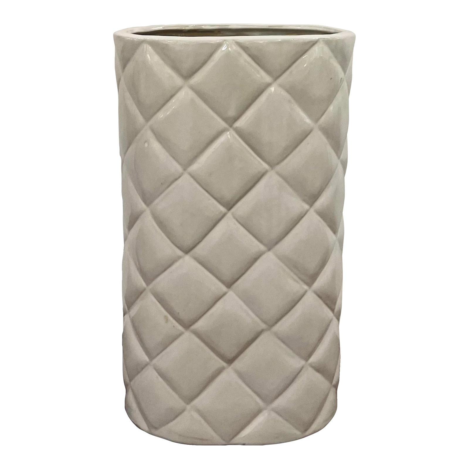 Transitional White Quilted Ceramic Umbrella Stand: Stylish Transitional White Quilted Ceramic Umbrella Stand, showroom floor sample Condition: Imperfections: Some Imperfections Condition Notes: Showroom floor sample, not brand new from a box but