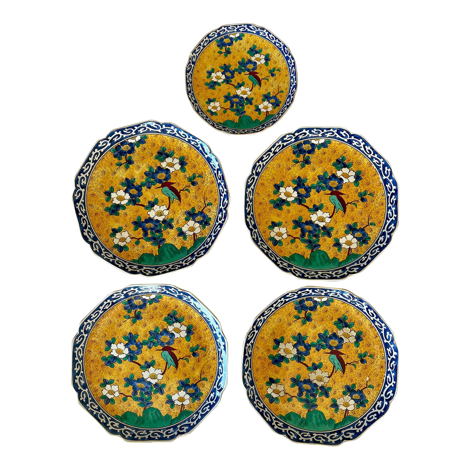 Vintage Kutani Ware Hand-Painted Gold, Blue and Green Plates - Set of 5: Set of 5 porcelain plates hand-painted with vibrant colors of gold, blue, green with white flower blossoms and birds. This pattern is no longer in production. Kutani ware, made as early as the 17th