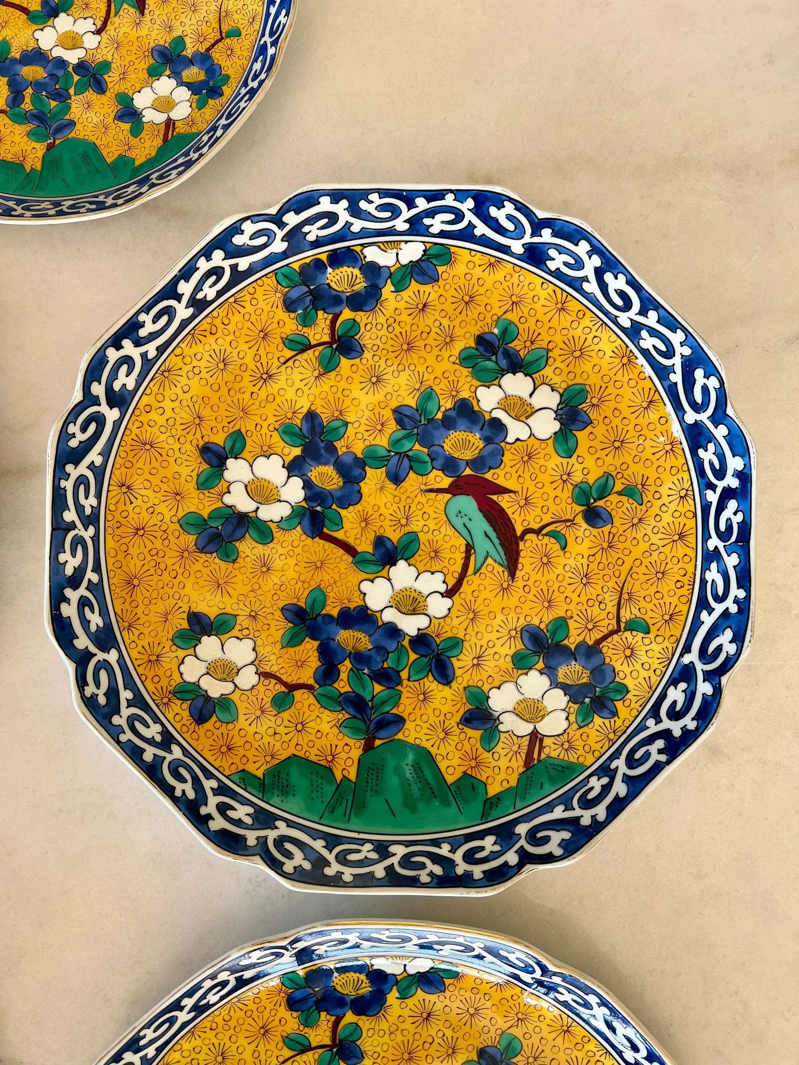 Vintage Kutani Ware Hand-Painted Gold, Blue and Green Plates - Set of 5 - 2