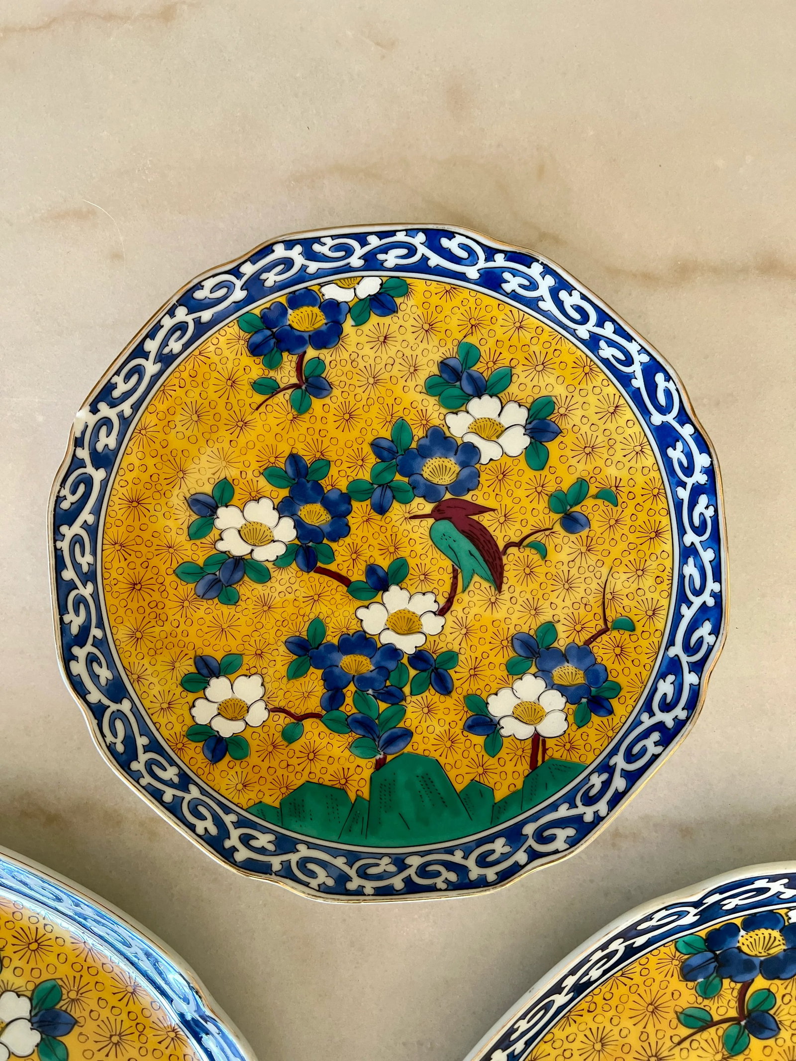 Vintage Kutani Ware Hand-Painted Gold, Blue and Green Plates - Set of 5 - 4