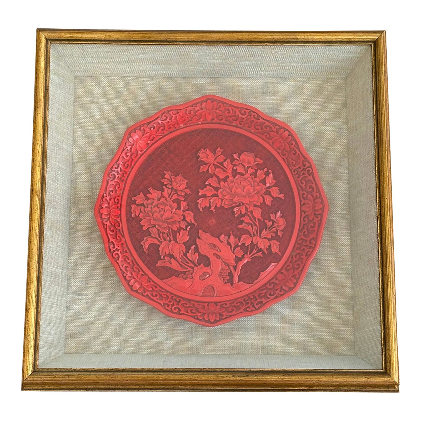 Vintage Chinese Cinnabar Plate in Custom Floating Gilt Frame With Linen Background: Vintage cinnabar display plate with attractive flared rim and chased foliate pattern in custom gilt floating frame CIRCA: Exact age unknown, I have not removed from the frame to inspect. MAKER'S