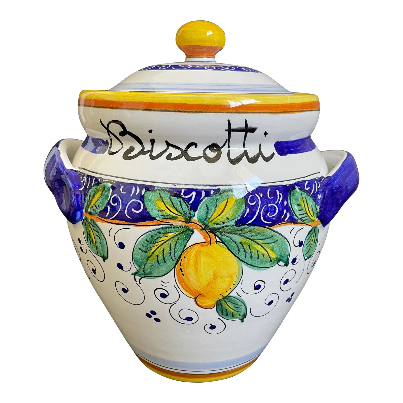 Italian Hand-Painted Majolica Lemon Biscotti Cookie Jar: Add a lemony delight to your space with this lovely Italian biscotti jar. Handcrafted and hand painted, this large jar is perfect for storing your sweet treats. It has never been used and was
