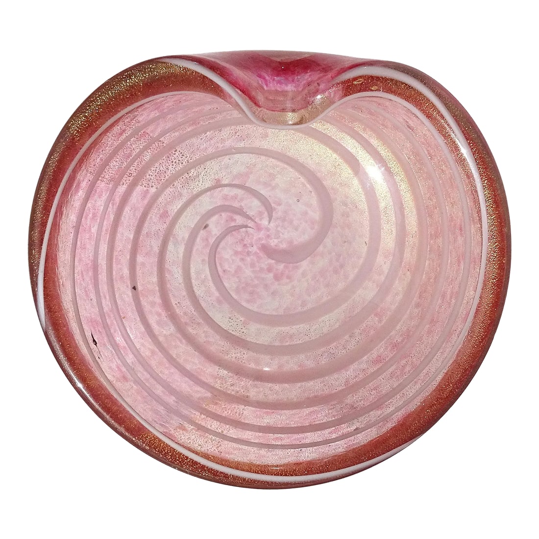 Vintage Barbini Murano Pink White Swirl Gold Flecks Italian Art Glass Decorative Ring Bowl Vide Poch: Beautiful vintage Murano hand blown pink, white and gold flecks Italian art glass bowl, vide-poche. Documented to designer Alfredo Barbini. The color is made with little dots of pink color. It has a